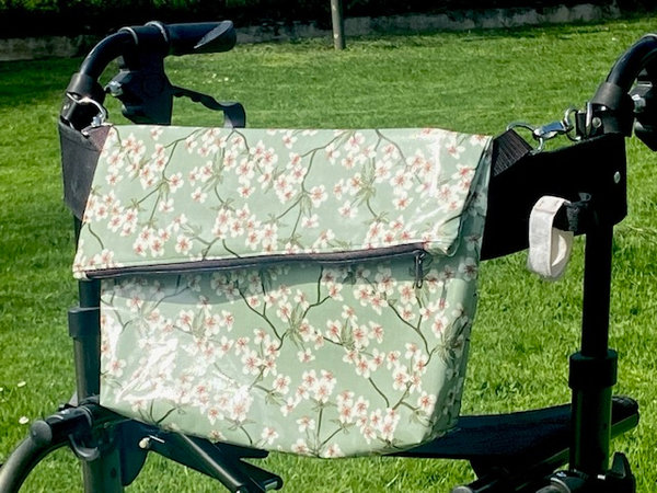 wasserfeste Rollator- und Rollstuhltasche - Kirschblütendesign mit  farblich passenden Gurt